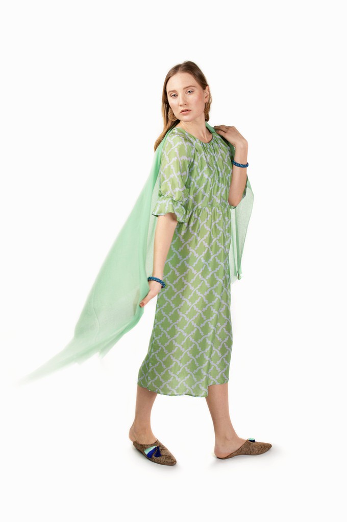 Natalie midi silk dress in green with blue print from Asneh