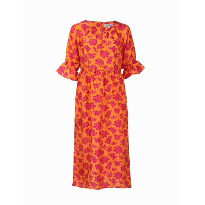 Natalie midi silk dress in orange with pink purple print from Asneh