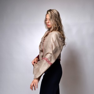 Beige Cashmere Scarf with Burgundy Hand Embroidery from Asneh