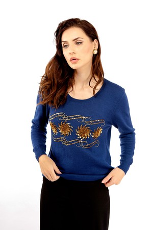 Blue Cashmere Sweater with Gold Sequins and Beads from Asneh