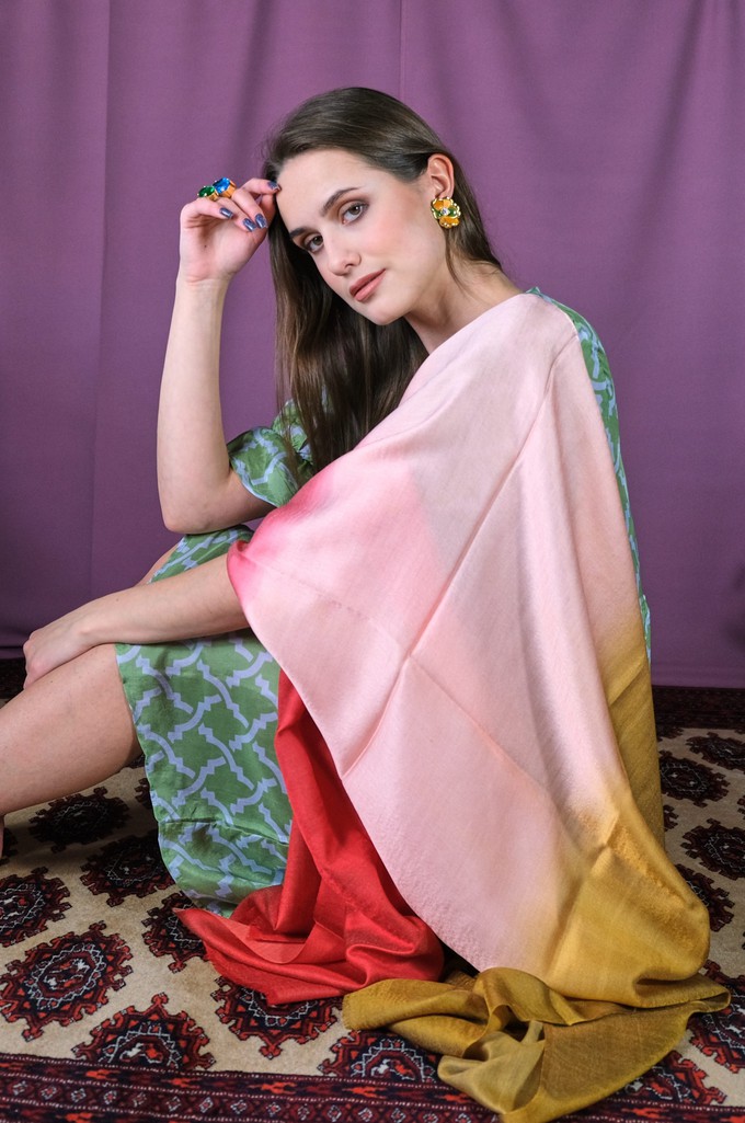 Golden Red Pink Ombre shaded Silk Wool Scarf from Asneh
