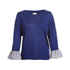 Blue Silk Cashmere Sweater with Grey Silk Ruffles via Asneh
