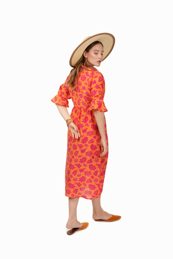 Natalie midi silk dress in orange with pink purple print from Asneh