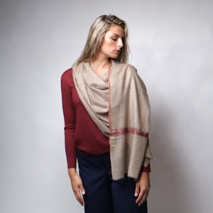 Beige Cashmere Scarf with Burgundy Hand Embroidery from Asneh