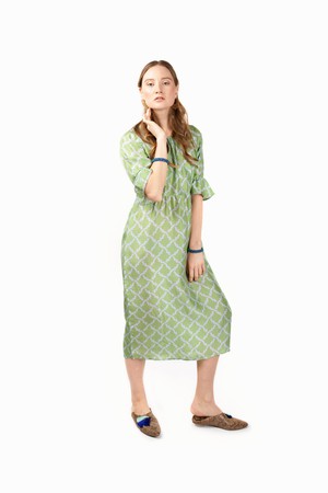 Natalie midi silk dress in green with blue print from Asneh