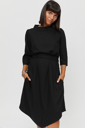 Suzi | Belted Angle Dress with Boat Neckline in Black from AYANI