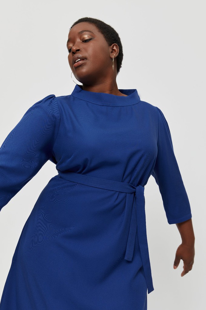 Suzi | Belted Angle Dress with Boat Neckline in Midnight Blue from AYANI