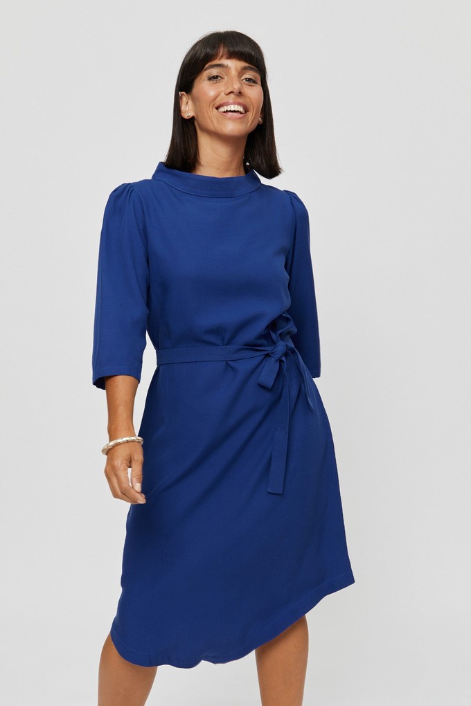 Suzi | Belted Angle Dress with Boat Neckline in Midnight Blue from AYANI