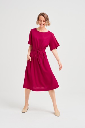Nika | Round Neck Dress with Butterfly Sleeves in Cherry Red from AYANI