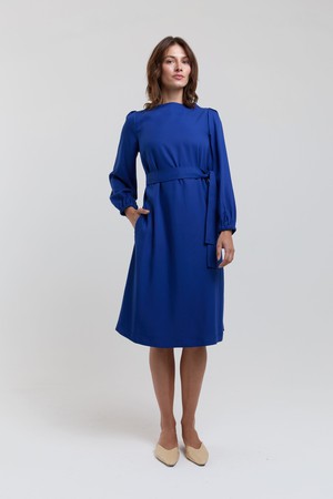 Mia | Belted Dress with Pleated Sleeves and Standing Collar in Midnight Blue from AYANI
