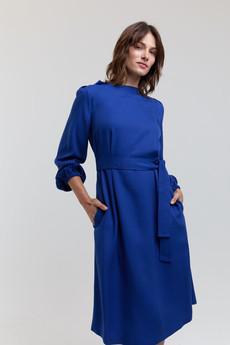 Mia | Belted Dress with Pleated Sleeves and Standing Collar in Midnight Blue via AYANI