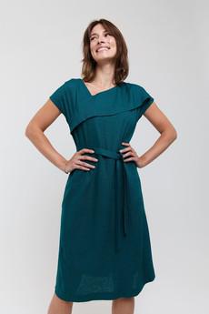 Daniela | Elegant Midi Dress with Soft Ruffle Neckline in Green via AYANI