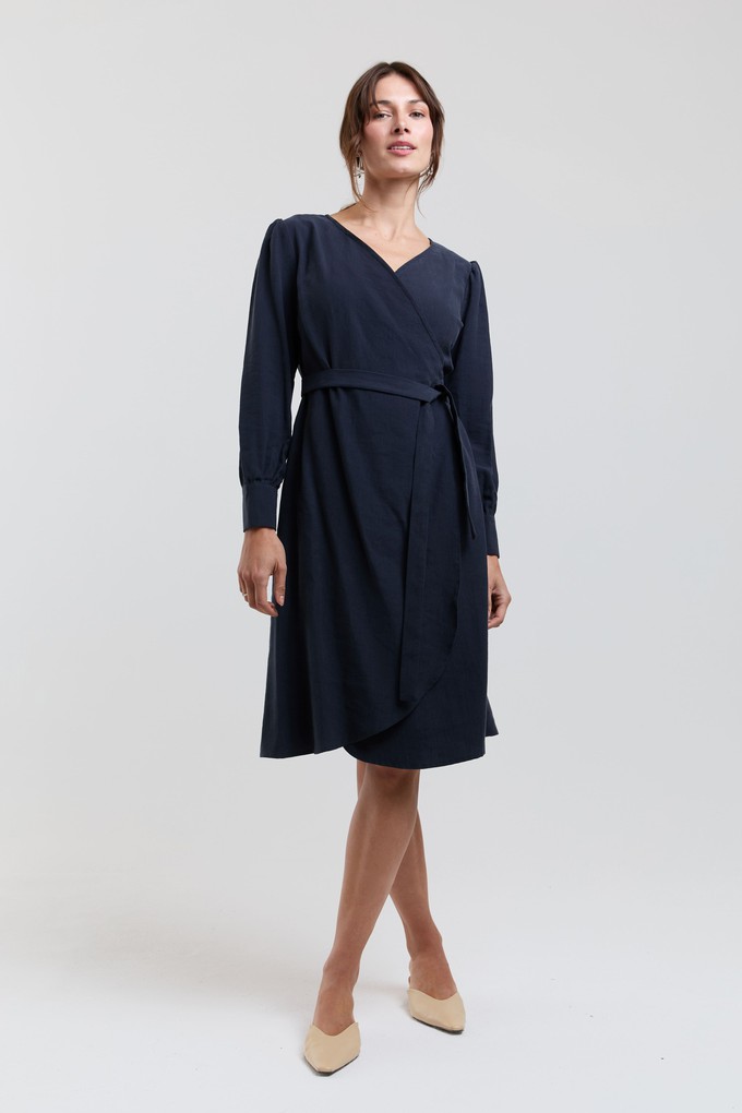 Sophie | Classy Wrap Dress with Puff Sleeves and Tie Waist in Dark Blue from AYANI