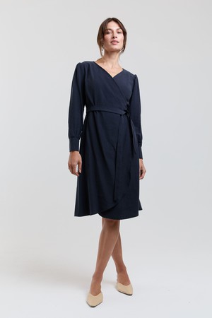 Sophie | Classy Wrap Dress with Puff Sleeves and Tie Waist in Dark Blue from AYANI