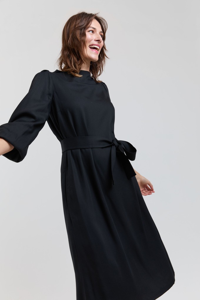 Mia | Belted Dress with Pleated Sleeves and Standing Collar in Black from AYANI