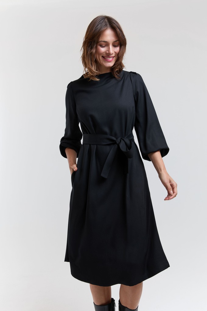 Mia | Belted Dress with Pleated Sleeves and Standing Collar in Black from AYANI