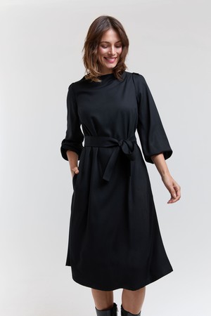 Mia | Belted Dress with Pleated Sleeves and Standing Collar in Black from AYANI