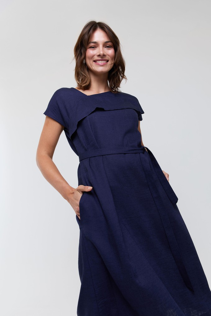 Daniela | Elegant Midi Dress with Soft Ruffle Neckline in Dark Blue from AYANI