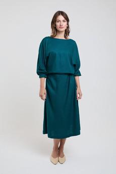 Andrea | Midi Dress with Long Sleeves and Adjustable Waist in Green via AYANI