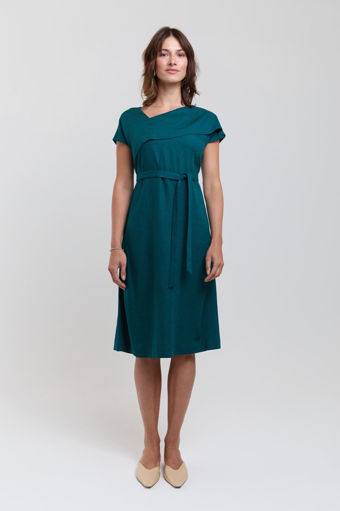 Daniela | Elegant Midi Dress with Soft Ruffle Neckline in Green from AYANI