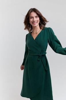 Sophie | Classy Wrap Dress with Puff Sleeves and Tie Waist in Forest Green via AYANI