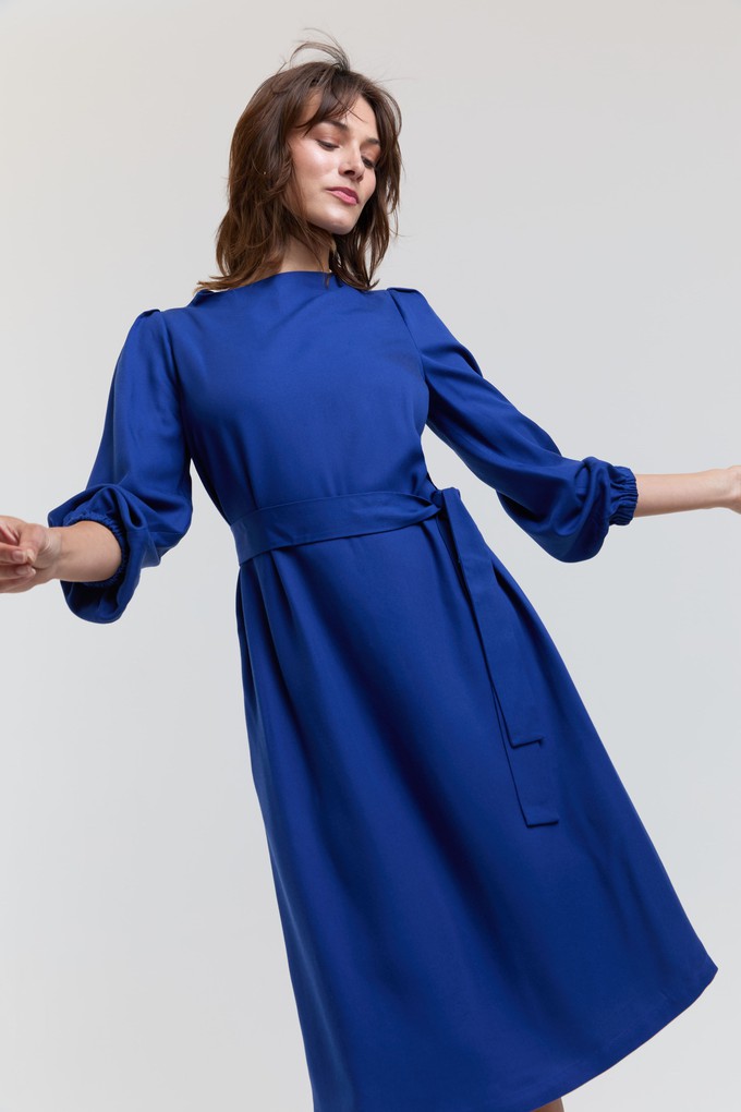 Mia | Belted Dress with Pleated Sleeves and Standing Collar in Midnight Blue from AYANI