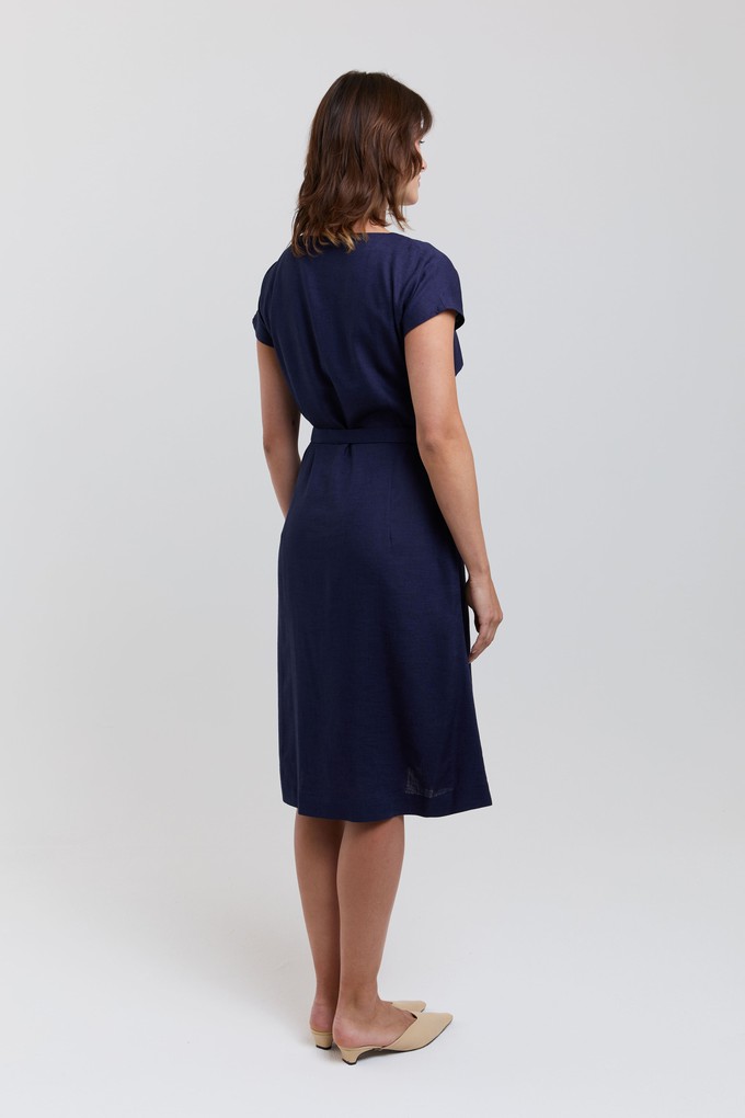 Daniela | Elegant Midi Dress with Soft Ruffle Neckline in Dark Blue from AYANI