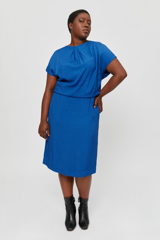 Amy | Midi Dress with Pencil Skirt and Neckline Detail in Classic Blue from AYANI