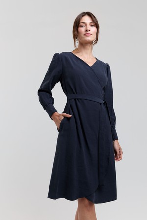 Sophie | Classy Wrap Dress with Puff Sleeves and Tie Waist in Dark Blue from AYANI
