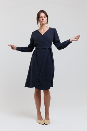 Sophie | Classy Wrap Dress with Puff Sleeves and Tie Waist in Dark Blue from AYANI
