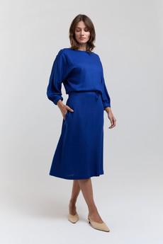 Andrea | Midi Dress with Long Sleeves and Adjustable Waist in Ocean Blue via AYANI