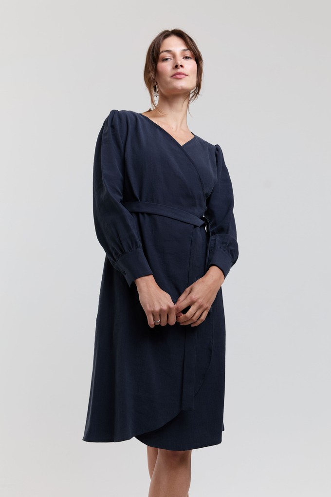Sophie | Classy Wrap Dress with Puff Sleeves and Tie Waist in Dark Blue from AYANI