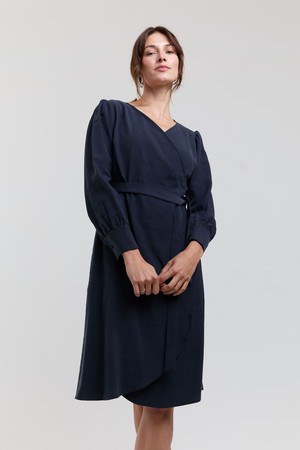 Sophie | Classy Wrap Dress with Puff Sleeves and Tie Waist in Dark Blue from AYANI