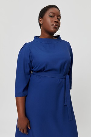 Suzi | Belted Angle Dress with Boat Neckline in Midnight Blue from AYANI