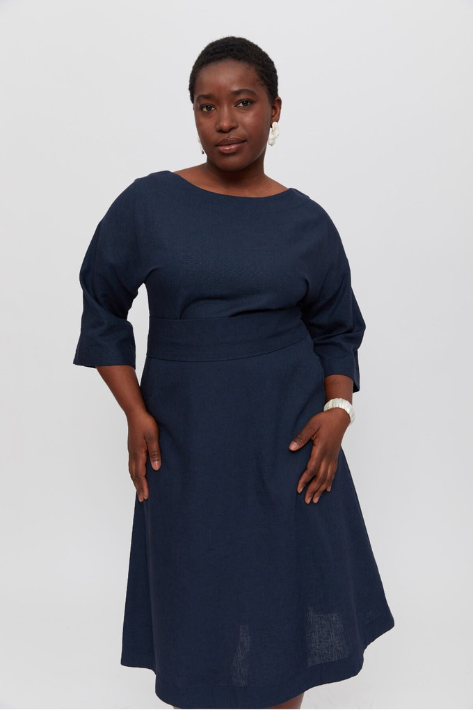 Mane | Elegant Midi Dress with Kimono Belt in Black-Blue from AYANI