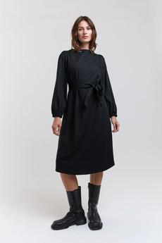 Mia | Belted Dress with Pleated Sleeves and Standing Collar in Black via AYANI