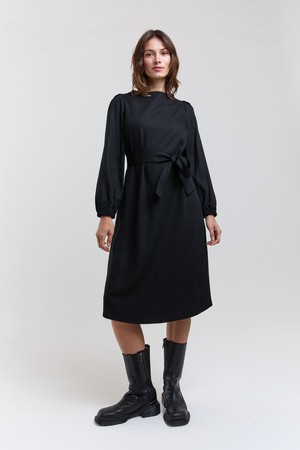 Mia | Belted Dress with Pleated Sleeves and Standing Collar in Black from AYANI
