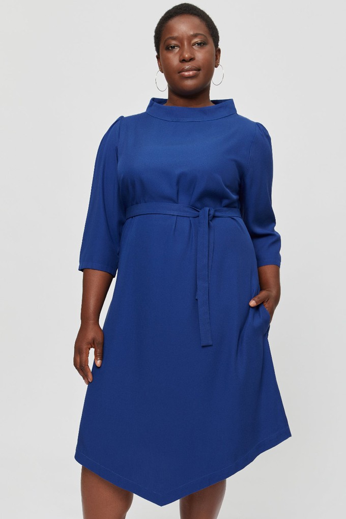 Suzi | Belted Angle Dress with Boat Neckline in Midnight Blue from AYANI