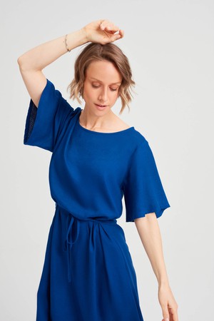 Nika | Round Neck Dress with Butterfly Sleeves in Ocean Blue from AYANI