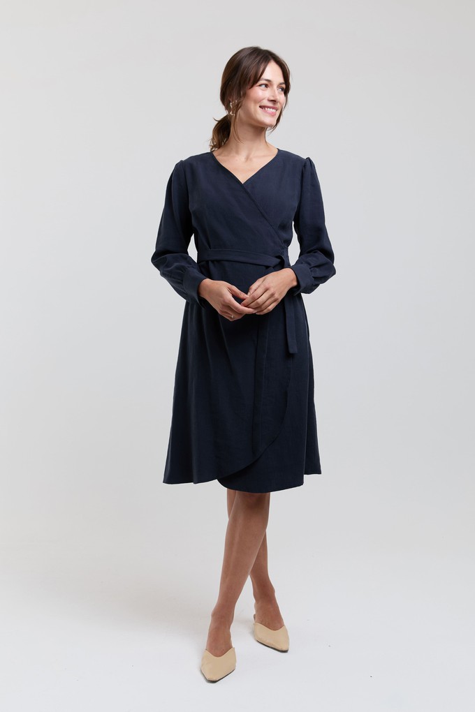Sophie | Classy Wrap Dress with Puff Sleeves and Tie Waist in Dark Blue from AYANI