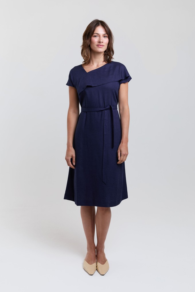 Daniela | Elegant Midi Dress with Soft Ruffle Neckline in Dark Blue from AYANI