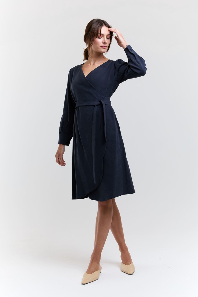 Sophie | Classy Wrap Dress with Puff Sleeves and Tie Waist in Dark Blue from AYANI
