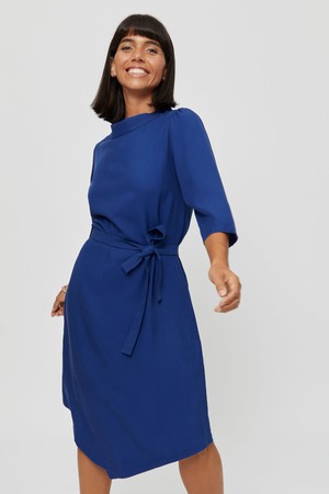 Suzi | Belted Angle Dress with Boat Neckline in Midnight Blue from AYANI