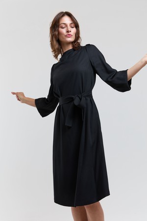 Mia | Belted Dress with Pleated Sleeves and Standing Collar in Black from AYANI