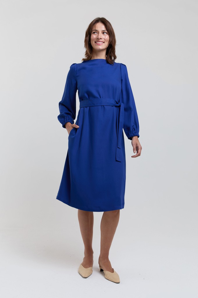 Mia | Belted Dress with Pleated Sleeves and Standing Collar in Midnight Blue from AYANI