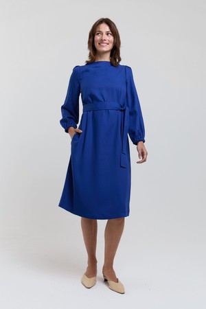 Mia | Belted Dress with Pleated Sleeves and Standing Collar in Midnight Blue from AYANI