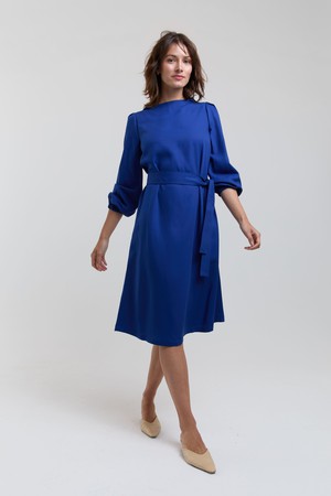 Mia | Belted Dress with Pleated Sleeves and Standing Collar in Midnight Blue from AYANI