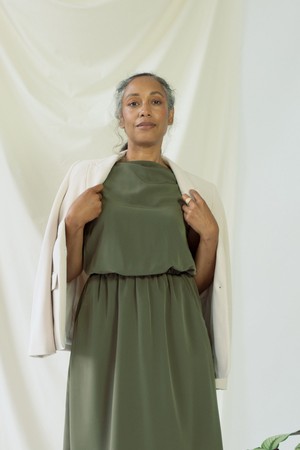 Bella | Sleeveless drapey dress in olive green from AYANI