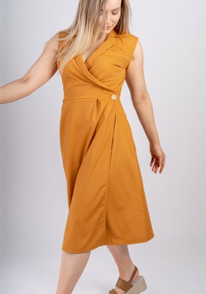 Sara | Sleeveless midi wrap dress in saffron from AYANI