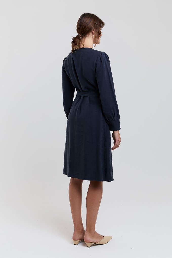 Sophie | Classy Wrap Dress with Puff Sleeves and Tie Waist in Dark Blue from AYANI